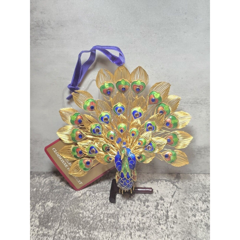 DILLARD'S "TRIMMINGS" COLLECTIBLE CLOISONNE PEACOCK Christmas ORNAMENT - Picture 4 of 12